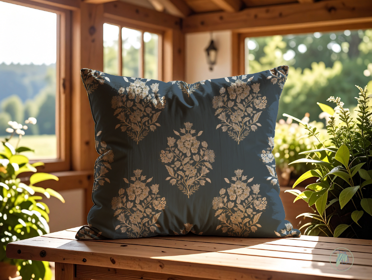 Decorative pillow with floral pattern on a wooden surface with a garden view