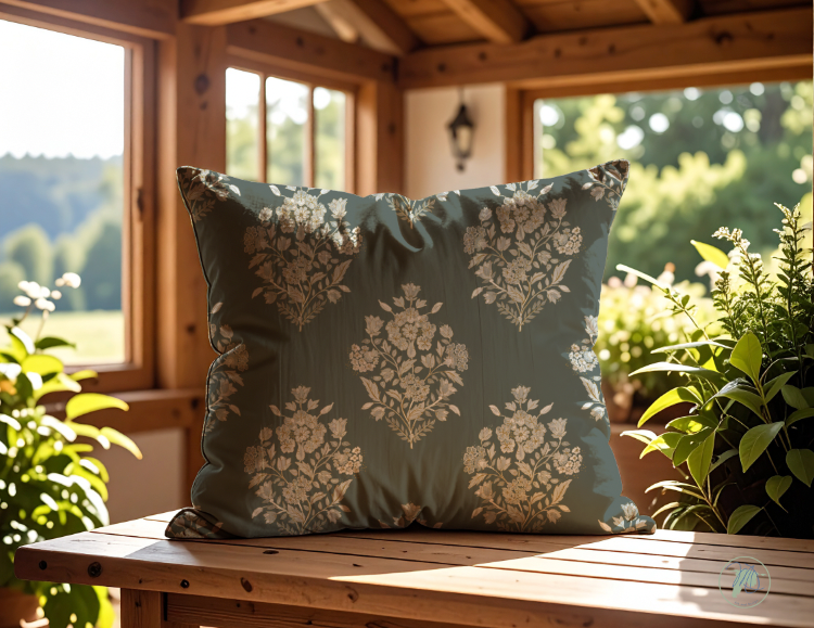 Decorative pillow with floral pattern on a wooden surface, surrounded by plants and a window view.