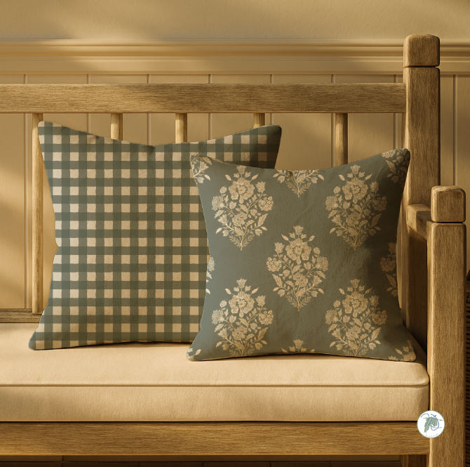 Two patterned pillows on a wooden bench with a neutral background