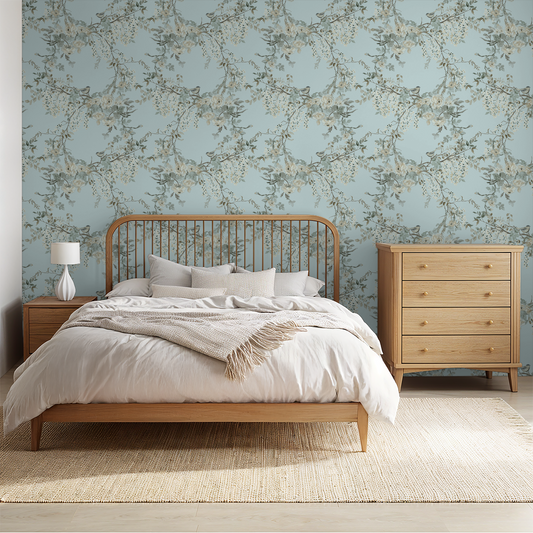 Aqua floral and bird wallpaper in a serene bedroom setting with wooden furniture.