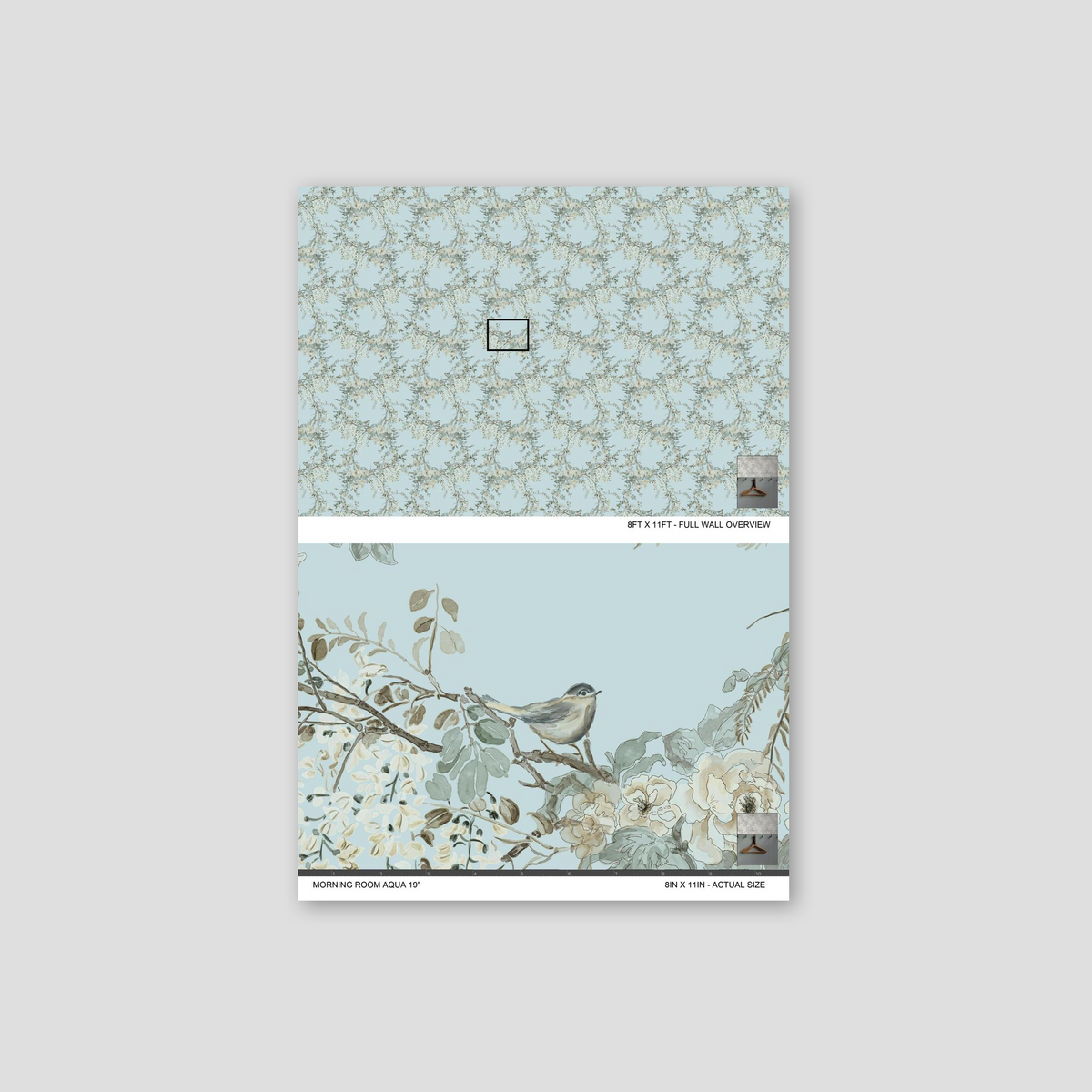 Aqua wallpaper with floral and bird pattern, featuring branches and soft-hued florals.