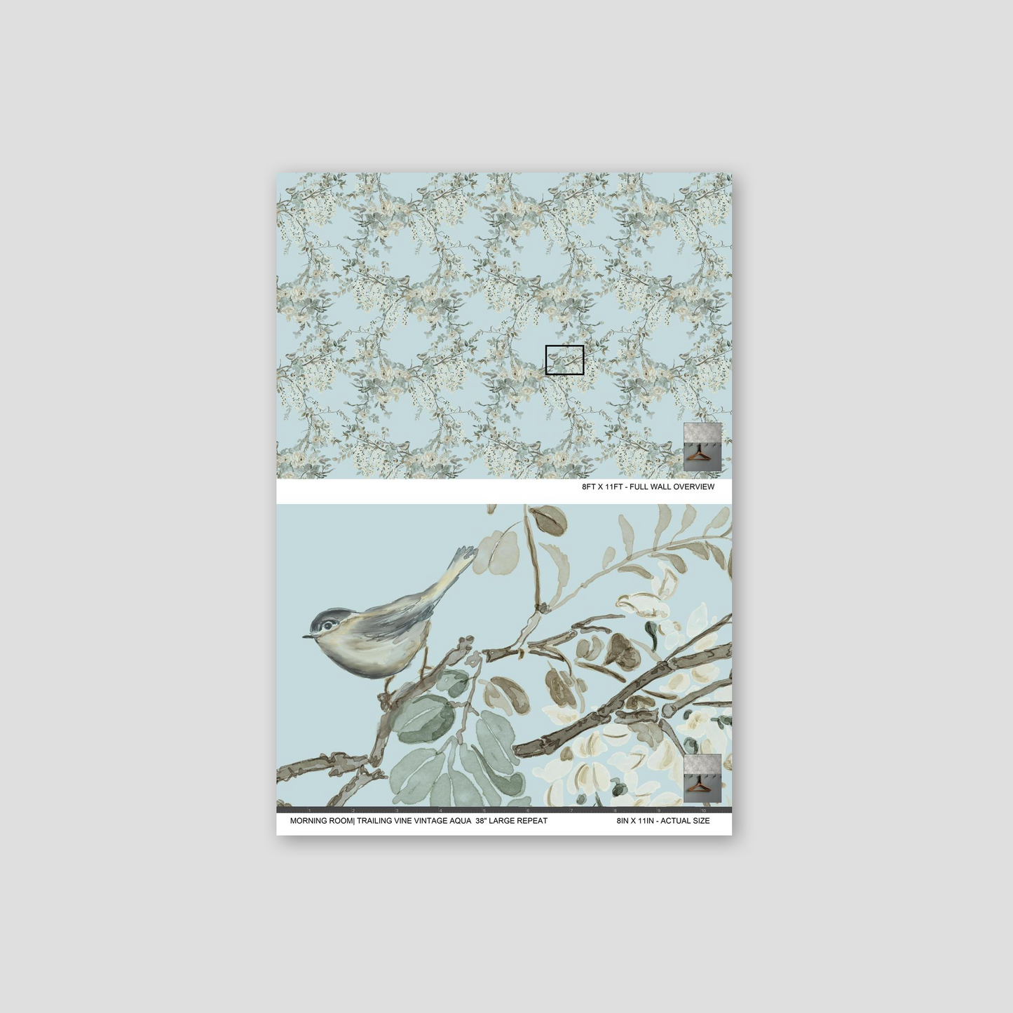 sample of Aqua floral and bird wallpaper in a serene bedroom setting with wooden furniture.