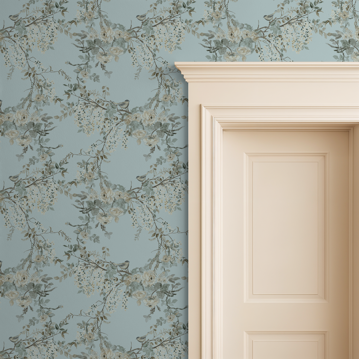 Aqua floral wallpaper with branches and blossoms in elegant room setting.