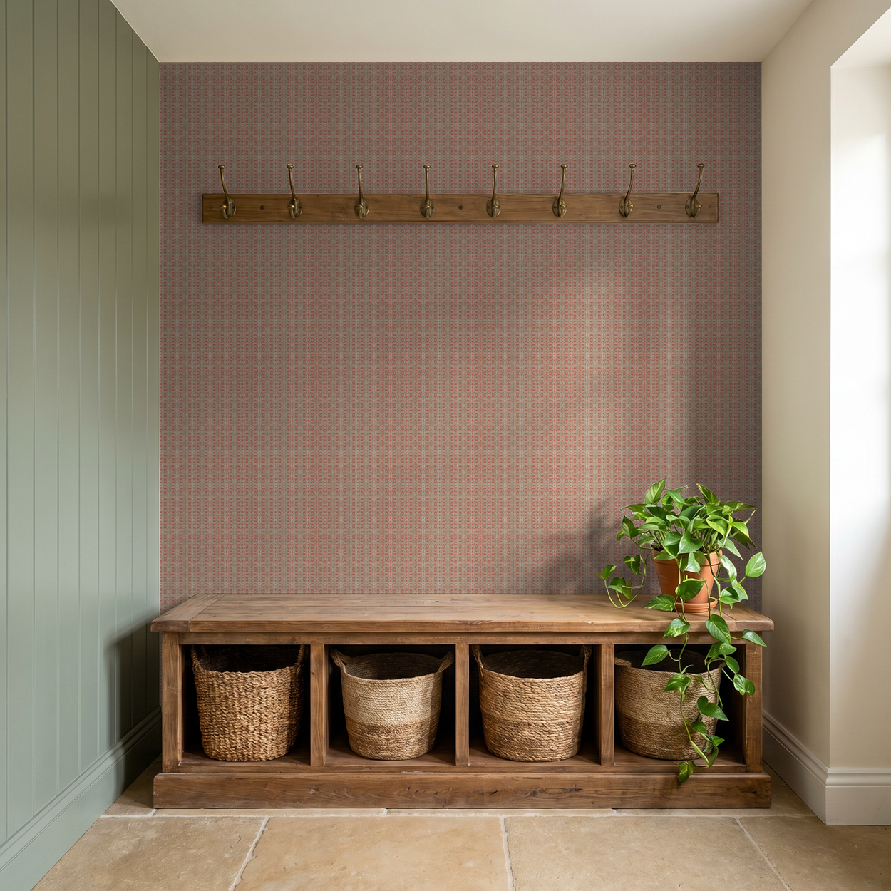 Geometric beige lattice wallpaper with terracotta background in cozy entryway.