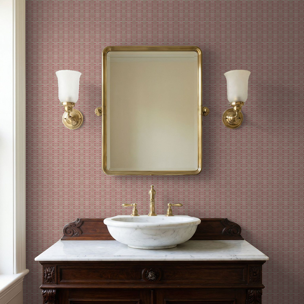 Geometric beige lattice wallpaper on raspberry background in bathroom with vintage mirror.