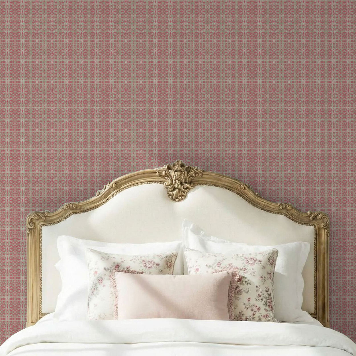Beige lattice wallpaper on raspberry background in elegant bedroom setting.