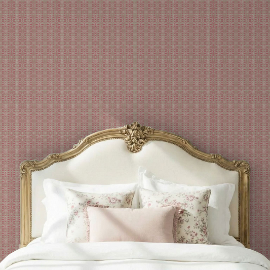 Beige lattice wallpaper on raspberry background in elegant bedroom setting.