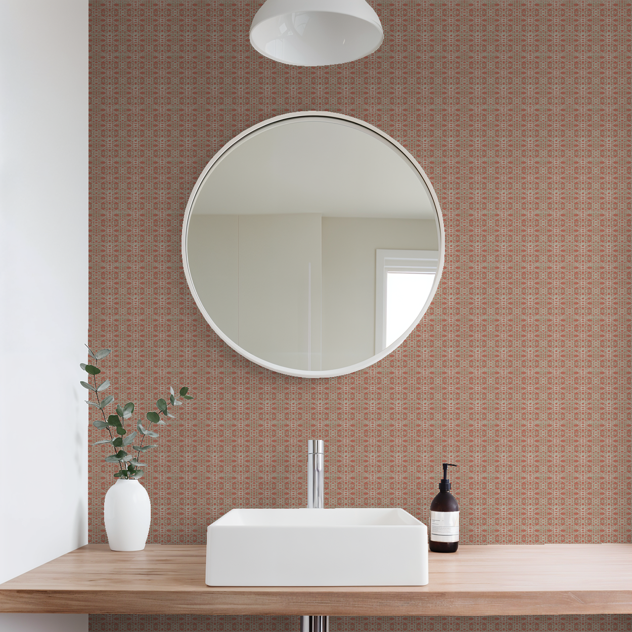 Geometric beige lattice wallpaper with terracotta background in modern bathroom setting.
