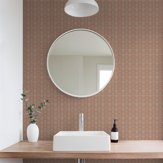Geometric beige lattice wallpaper with terracotta background in modern bathroom setting.