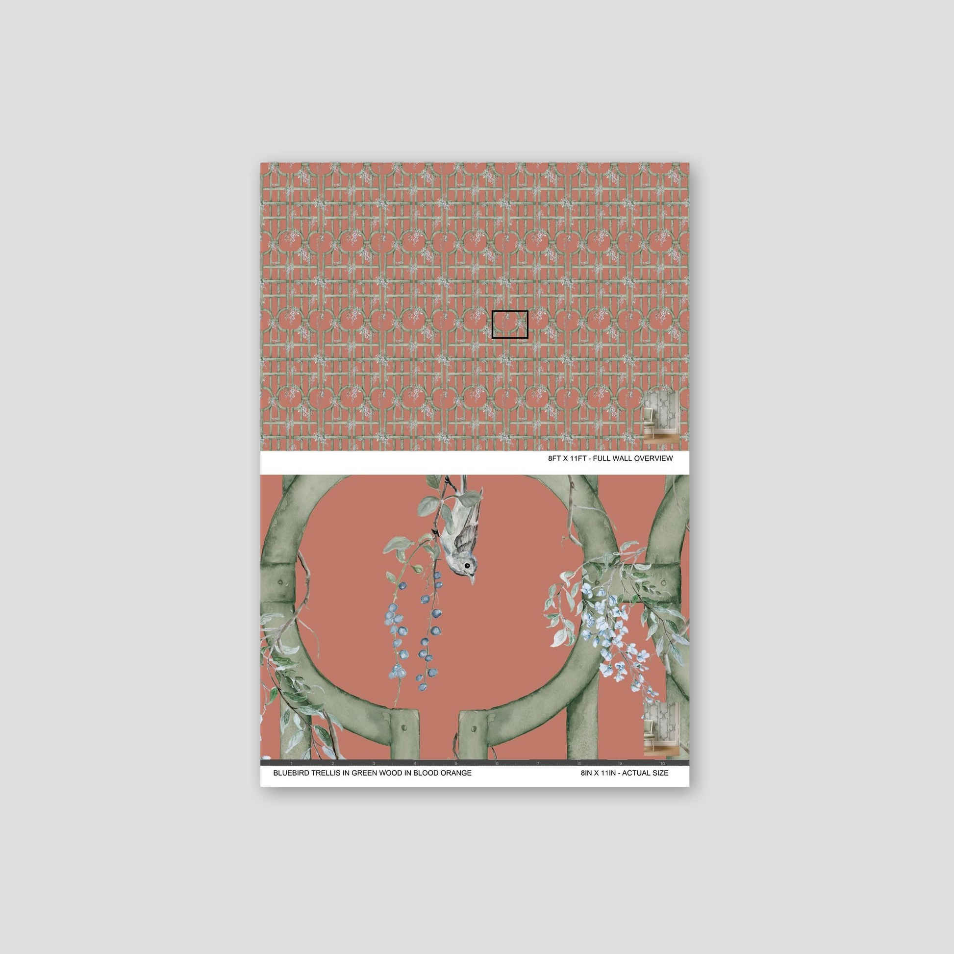 Blood orange wallpaper with green trellis and blue flowers, bird motif.