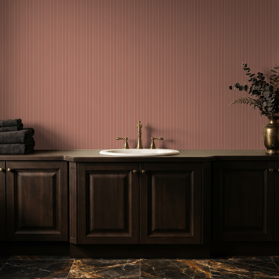 Blood orange striped wallpaper in elegant bathroom with dark wood cabinets.