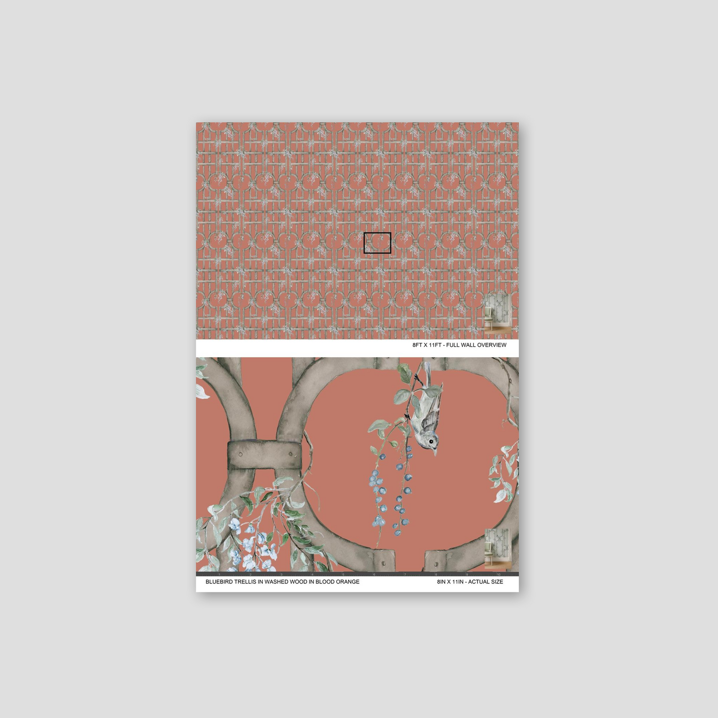 Blood orange wallpaper with trellis, vines, and bird pattern.