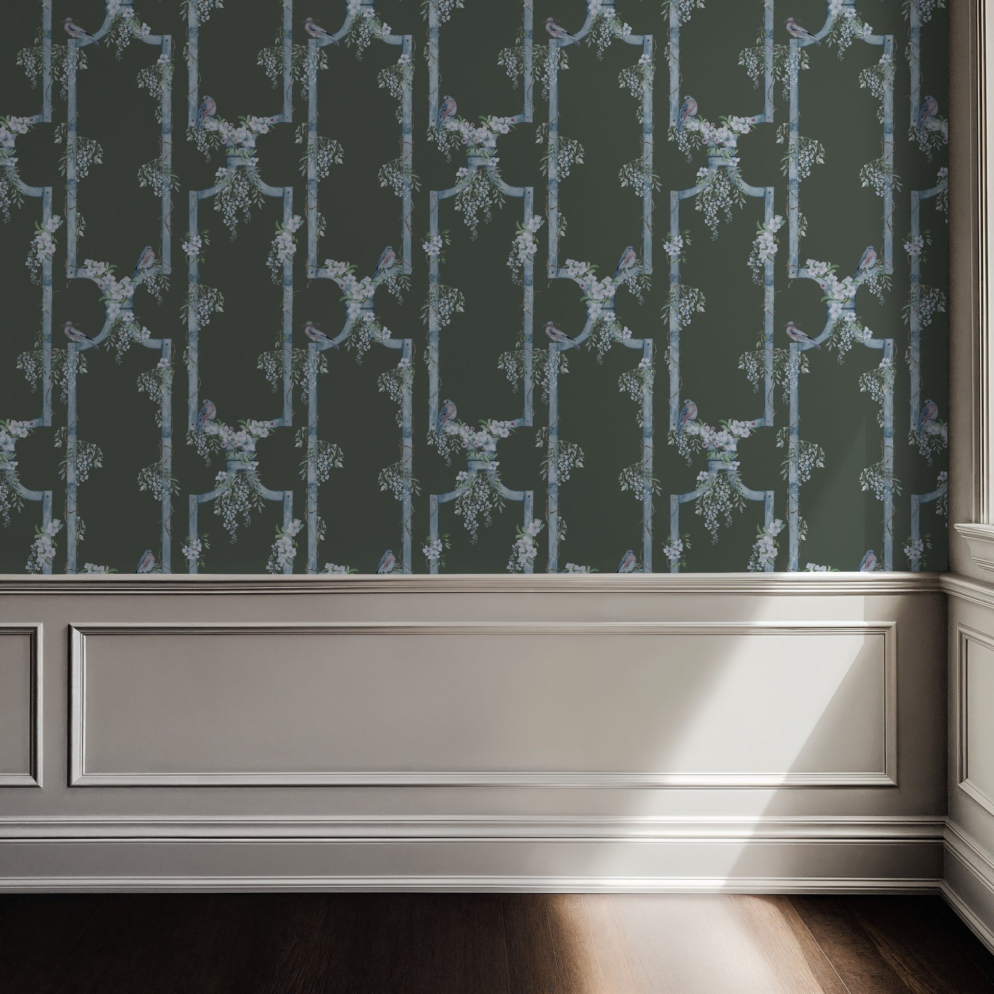 Blue bird and floral trellis wallpaper in elegant room with sunlight.