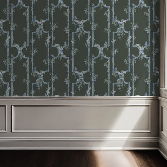 Blue bird and floral trellis wallpaper in elegant room with sunlight.
