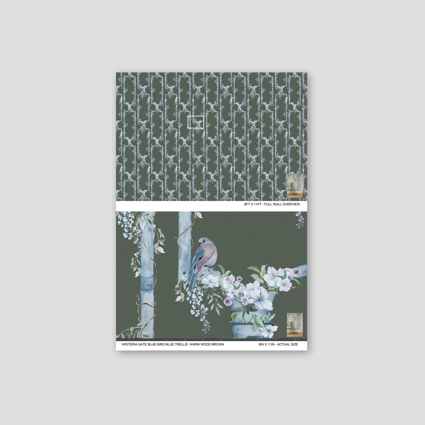 Blue bird and floral trellis wallpaper with muted green background