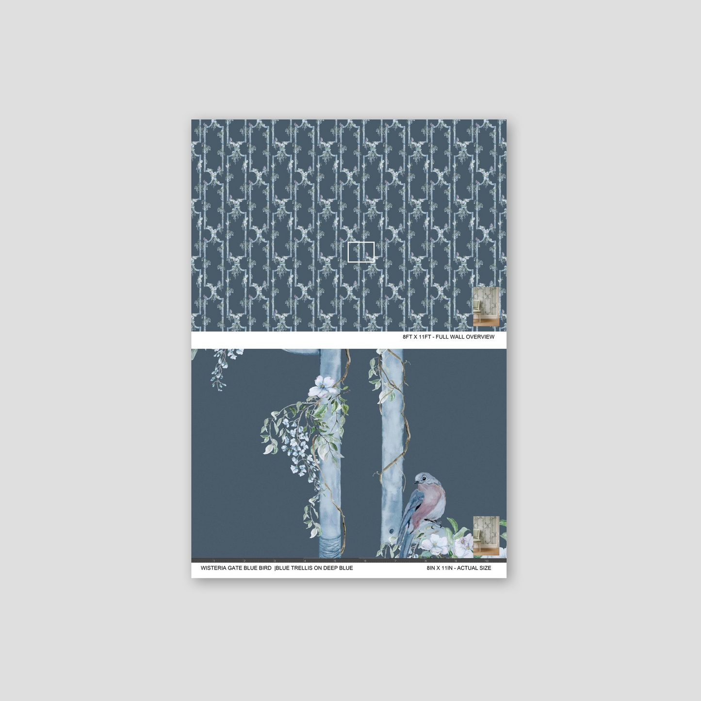 Blue bird and trellis floral wallpaper with wisteria on deep navy background.