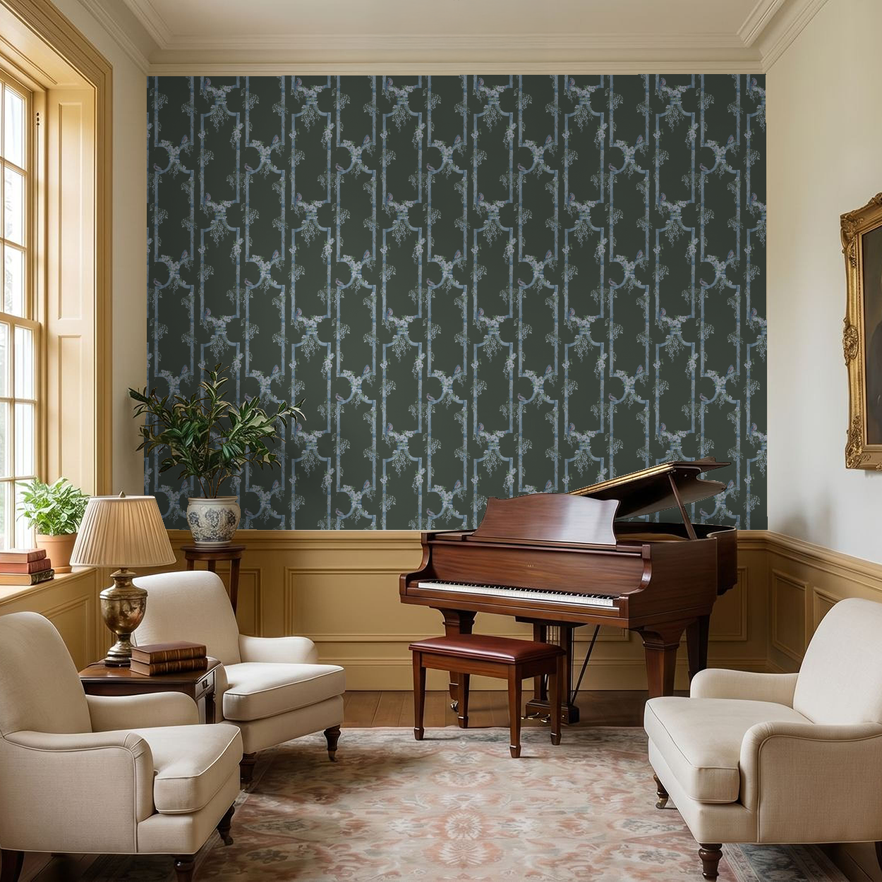 Elegant blue bird trellis wallpaper in classic living room with piano.