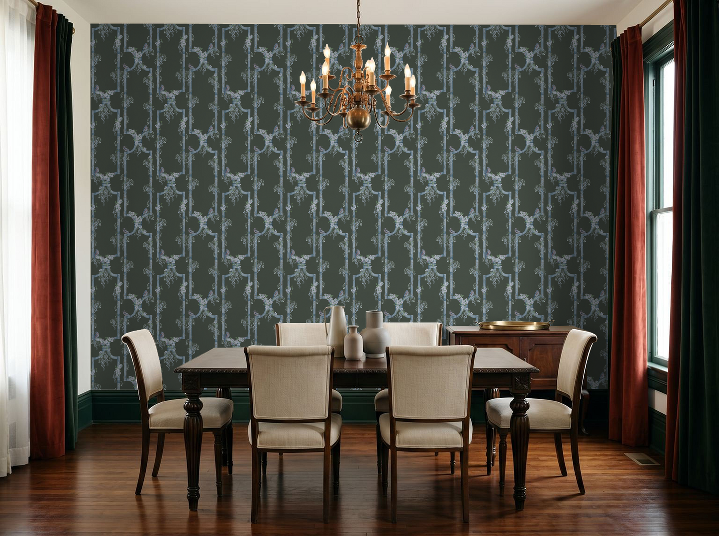 Blue bird trellis wallpaper in elegant dining room with chandelier and wood furniture.