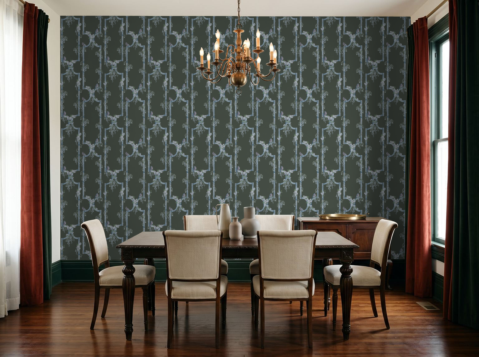 Blue bird trellis wallpaper in elegant dining room with chandelier and wood furniture.
