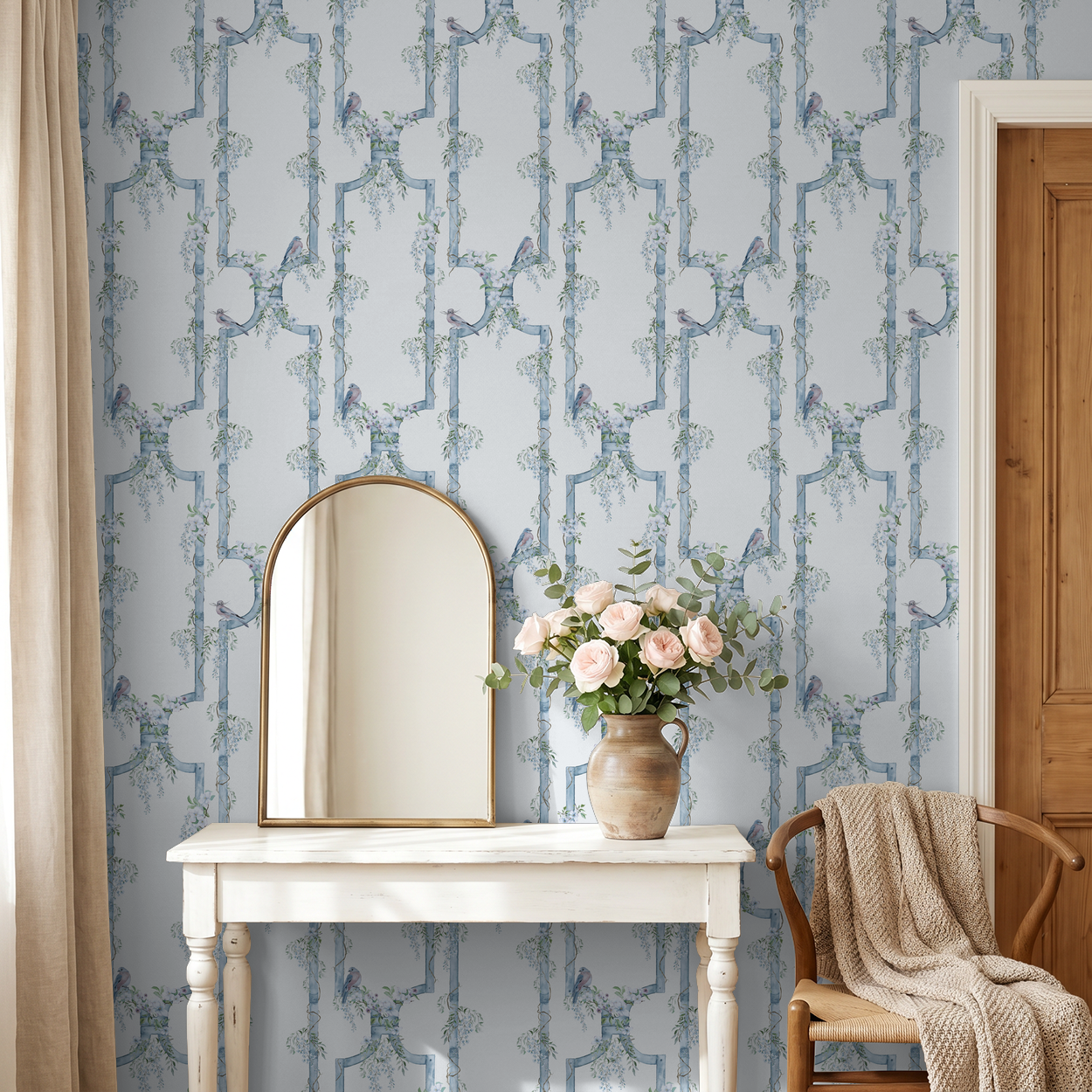 Blue bird trellis wallpaper with wisteria in elegant room setting.