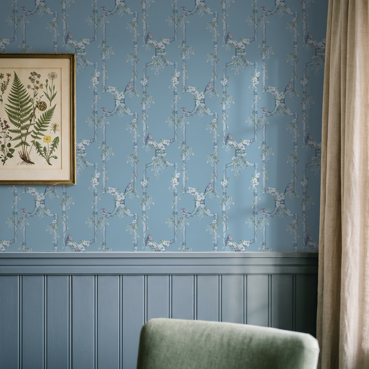 Blue wallpaper with birds and vines in a vintage room setting.