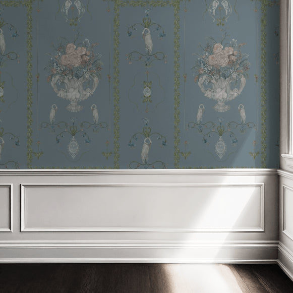 Elegant blue floral wallpaper with swans in a classic room setting