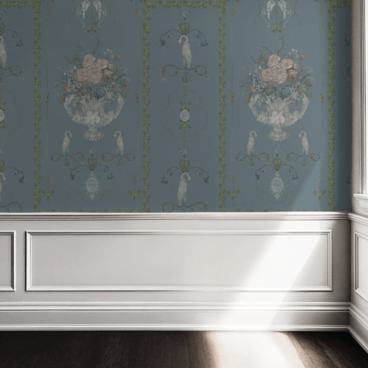 Elegant blue floral wallpaper with swans in a classic room setting