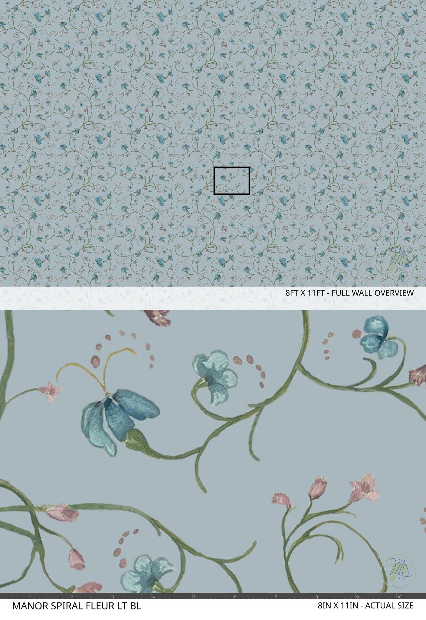 Blue floral wallpaper with delicate vines and flowers on a soothing background.