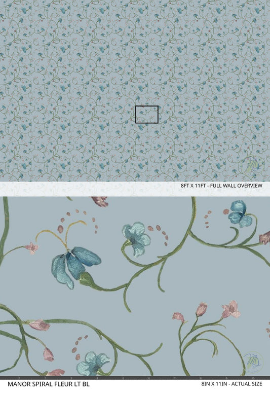 Blue floral wallpaper with delicate vines and flowers on a soothing background.