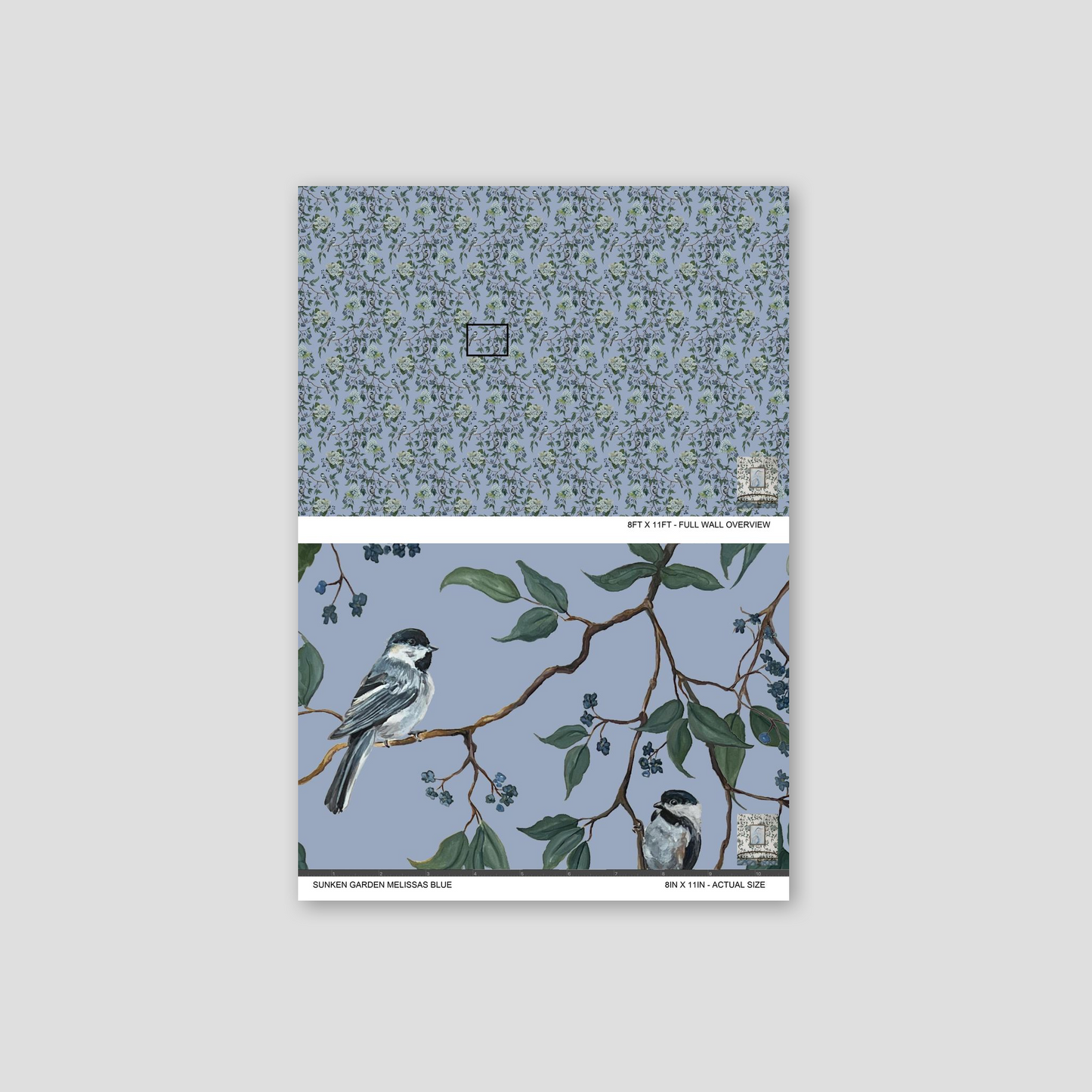 Blue-gray wallpaper with birds and floral patterns, nature-inspired design.