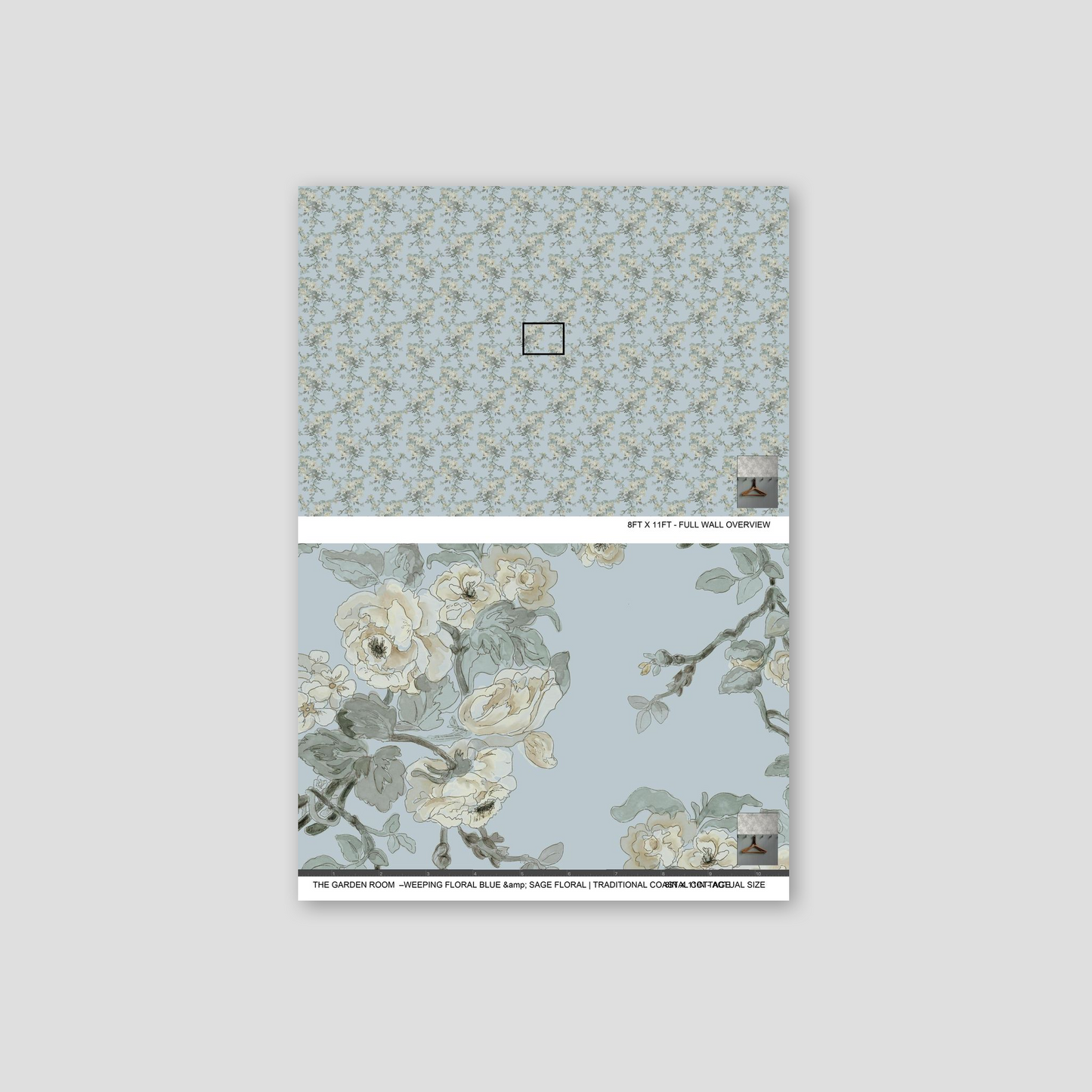 Blue and sage floral wallpaper with delicate vines and blooms on a soft background.