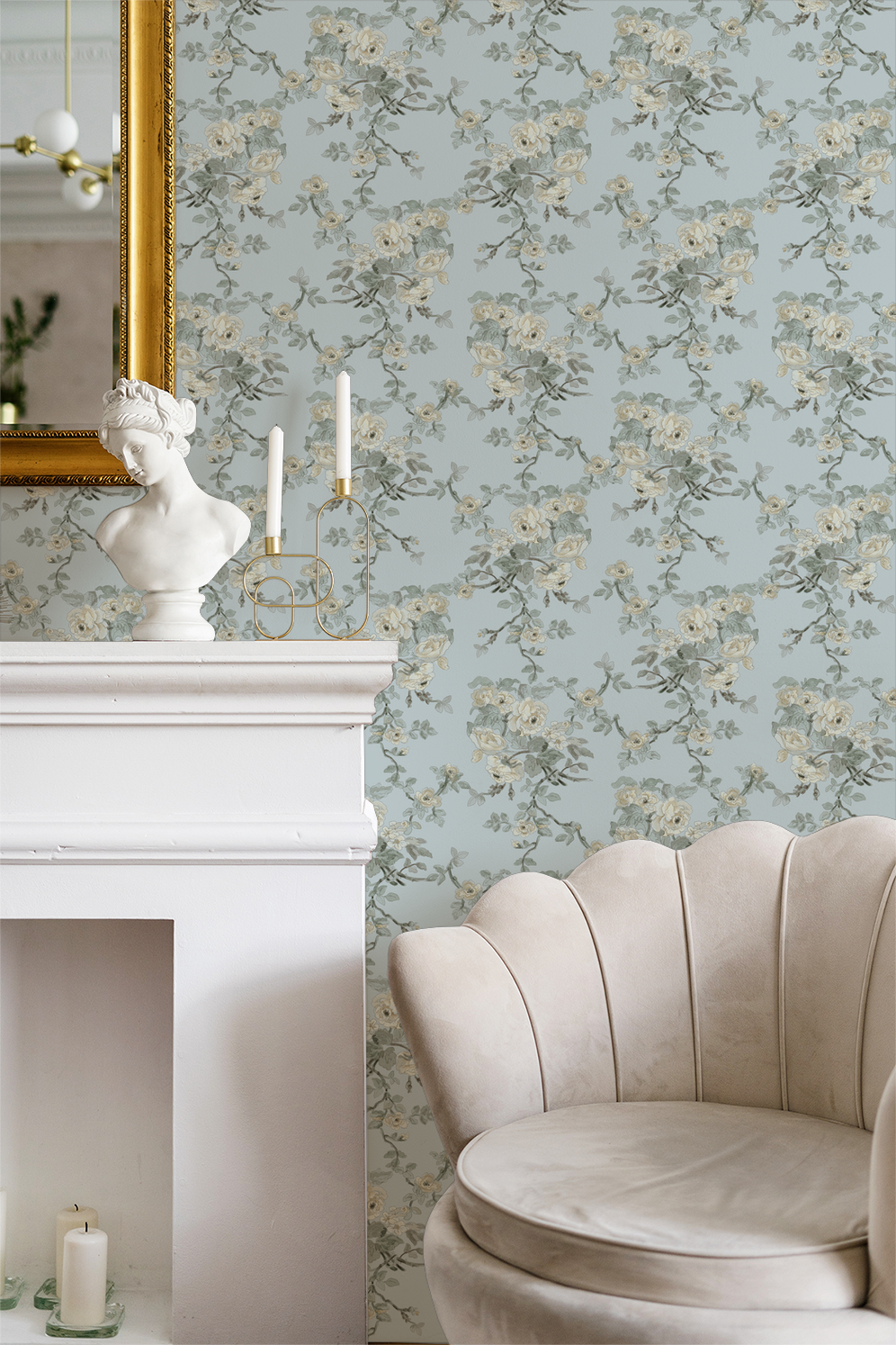 Blue and sage floral wallpaper in elegant living room with white mantel and chair.