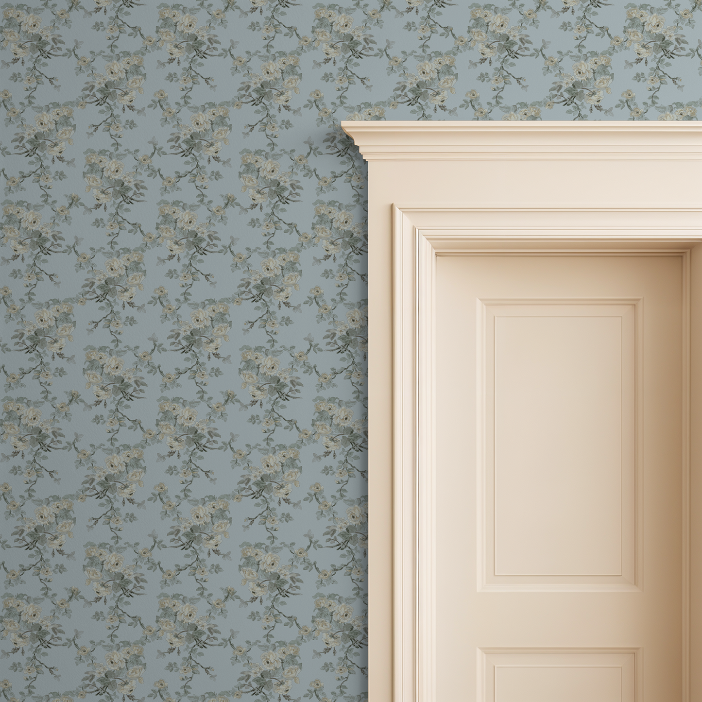 Blue and sage floral wallpaper with trailing vines in a traditional room setting.