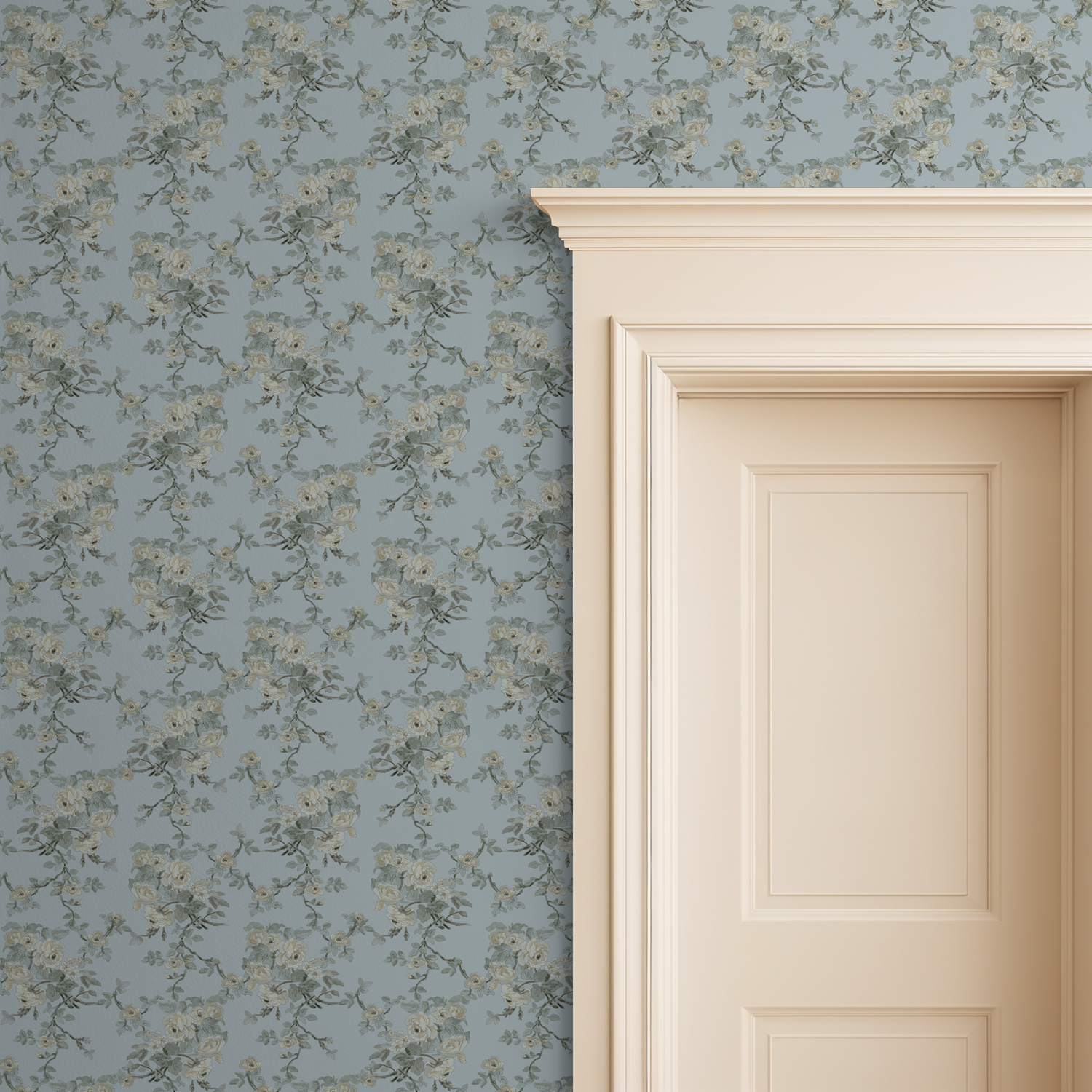 Blue and sage floral wallpaper with trailing vines in a traditional room setting.