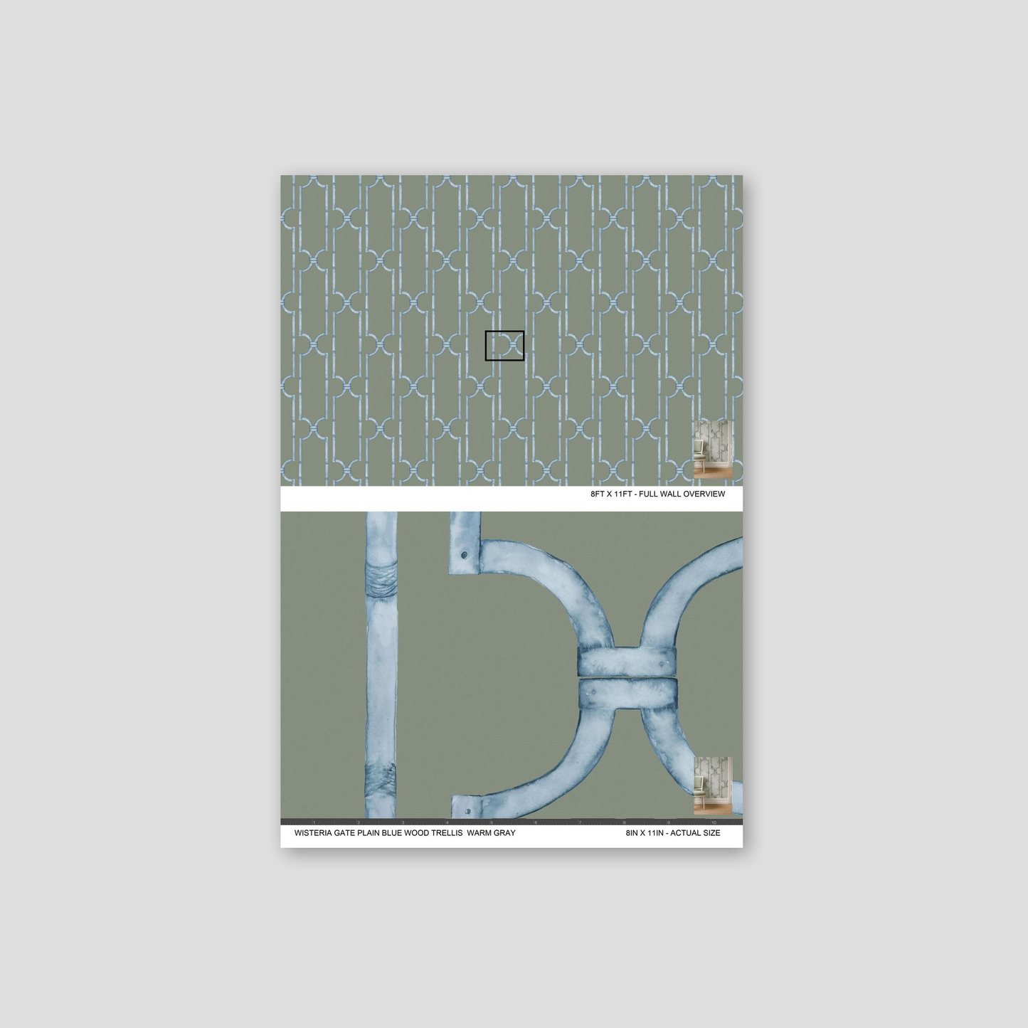 Blue trellis pattern wallpaper on warm gray background sample.