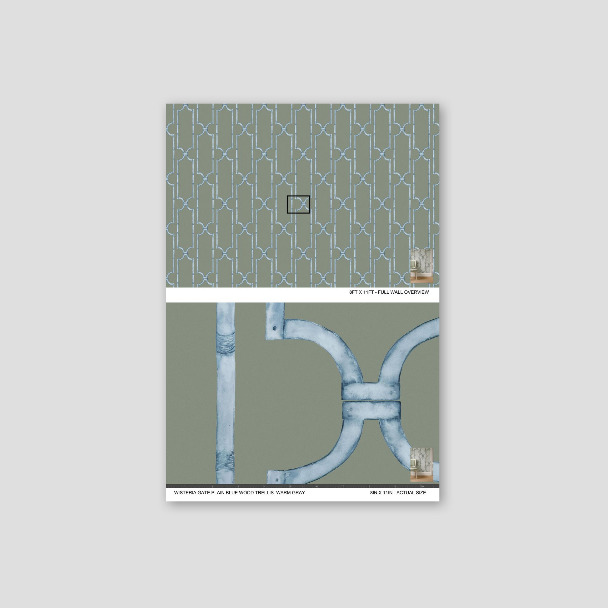 Blue trellis pattern wallpaper on warm gray background sample.
