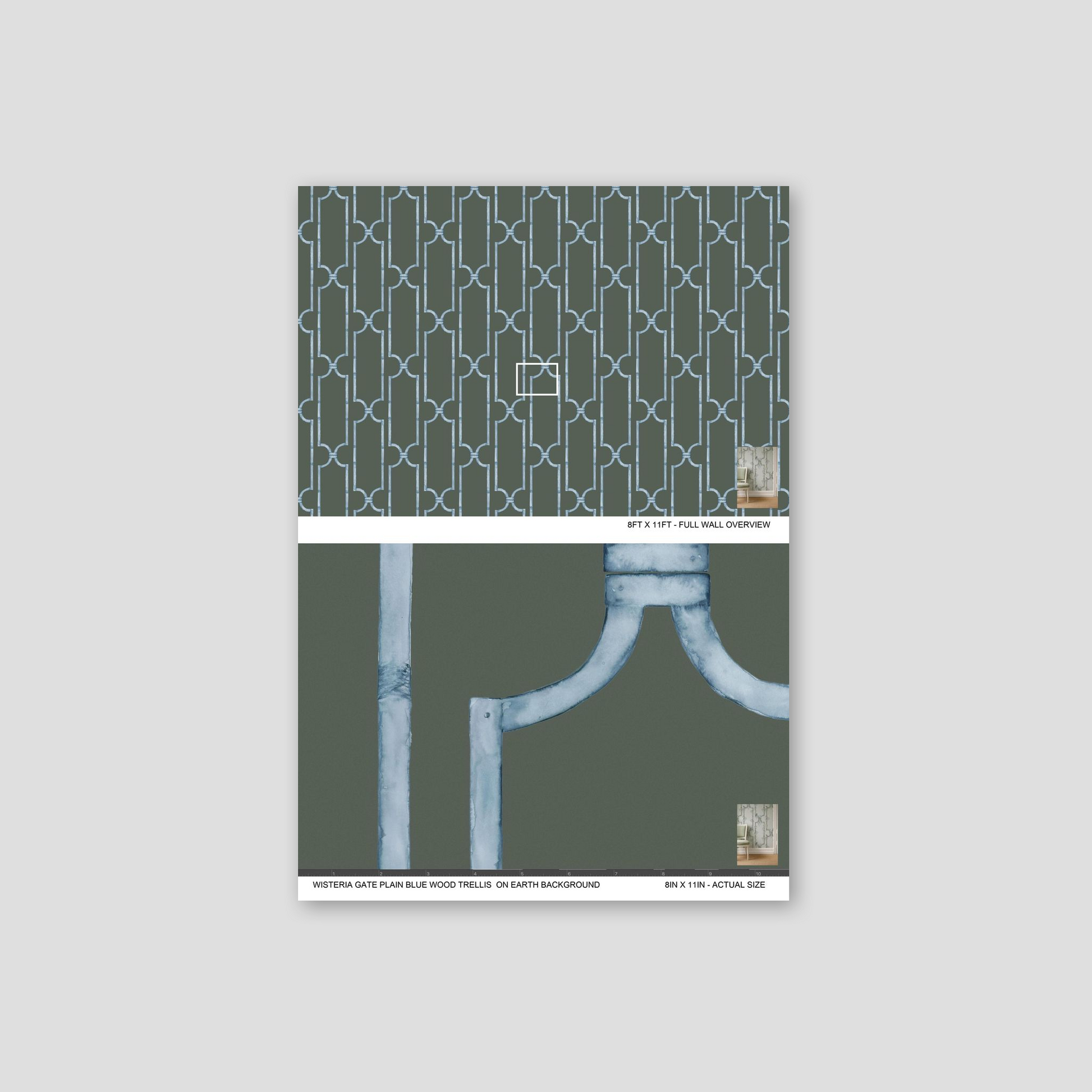 Blue trellis wallpaper on earth tone background with geometric pattern sample.