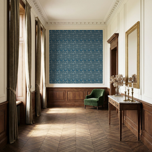 Elegant room with blue trellis wallpaper, wood paneling, green chair, and vintage decor.