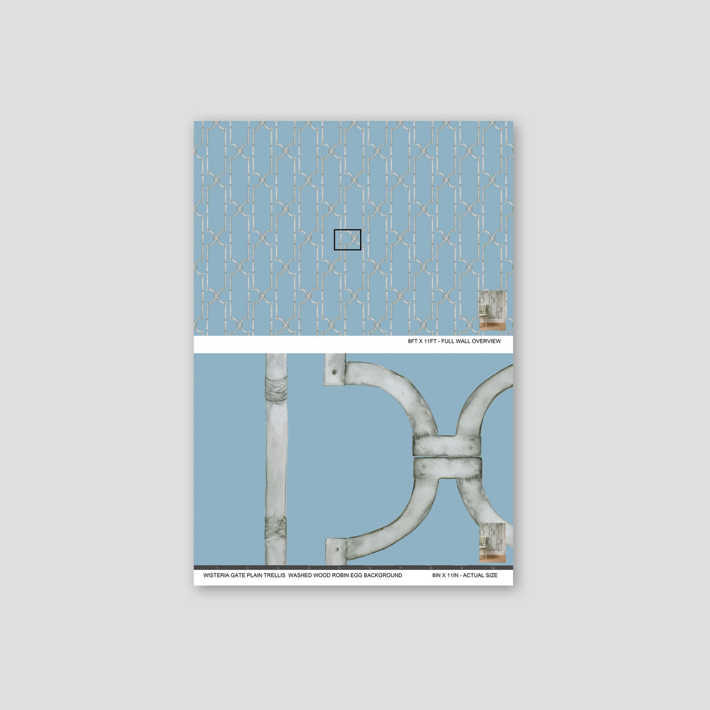 Blue trellis wallpaper with geometric pattern and washed wood texture.