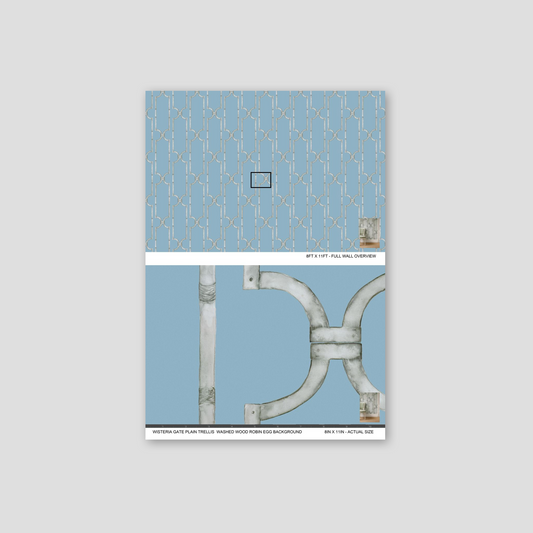Blue trellis wallpaper with geometric pattern and washed wood texture.