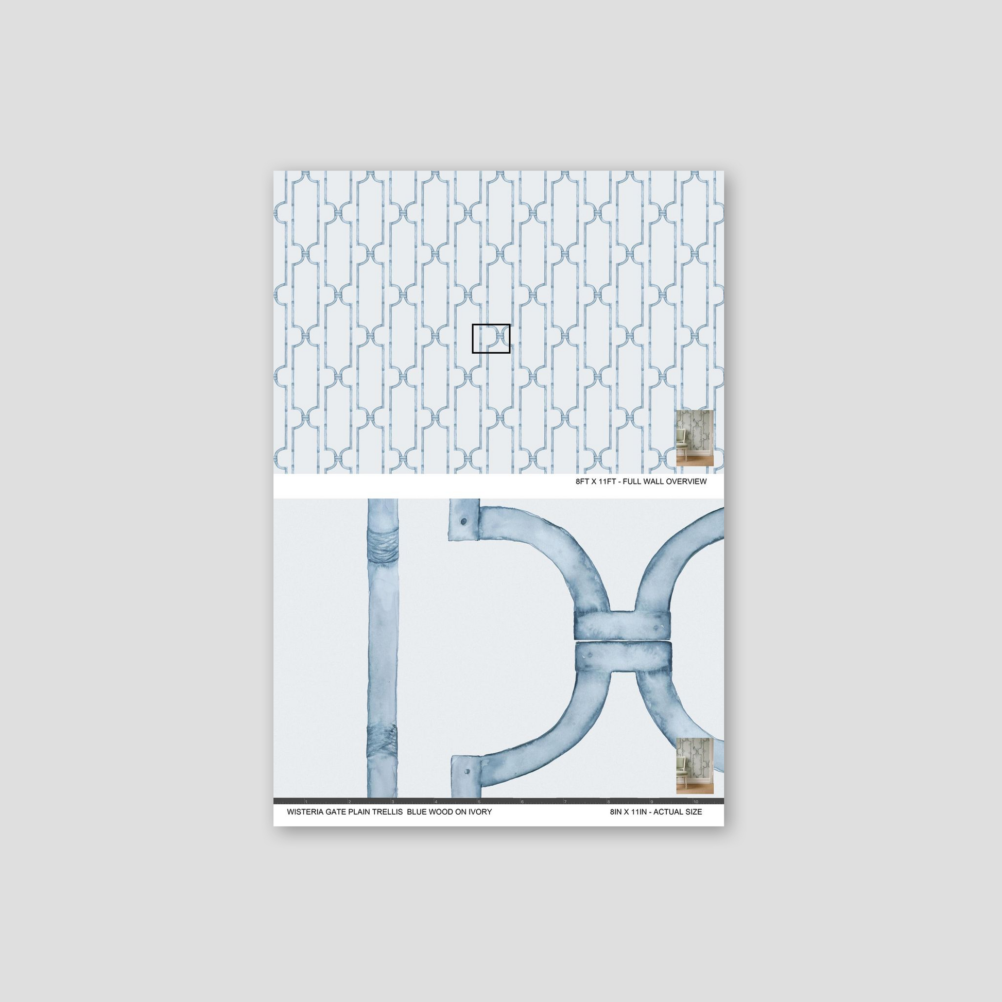 Blue trellis pattern wallpaper sample on ivory background.