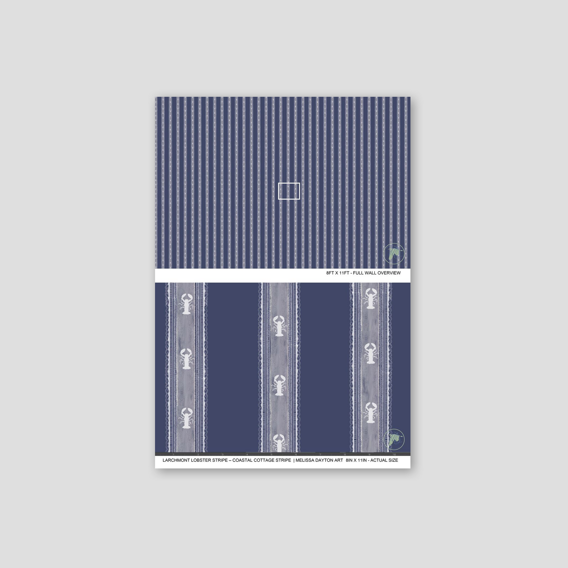 Blue and white nautical lobster stripe wallpaper sample with coastal theme.