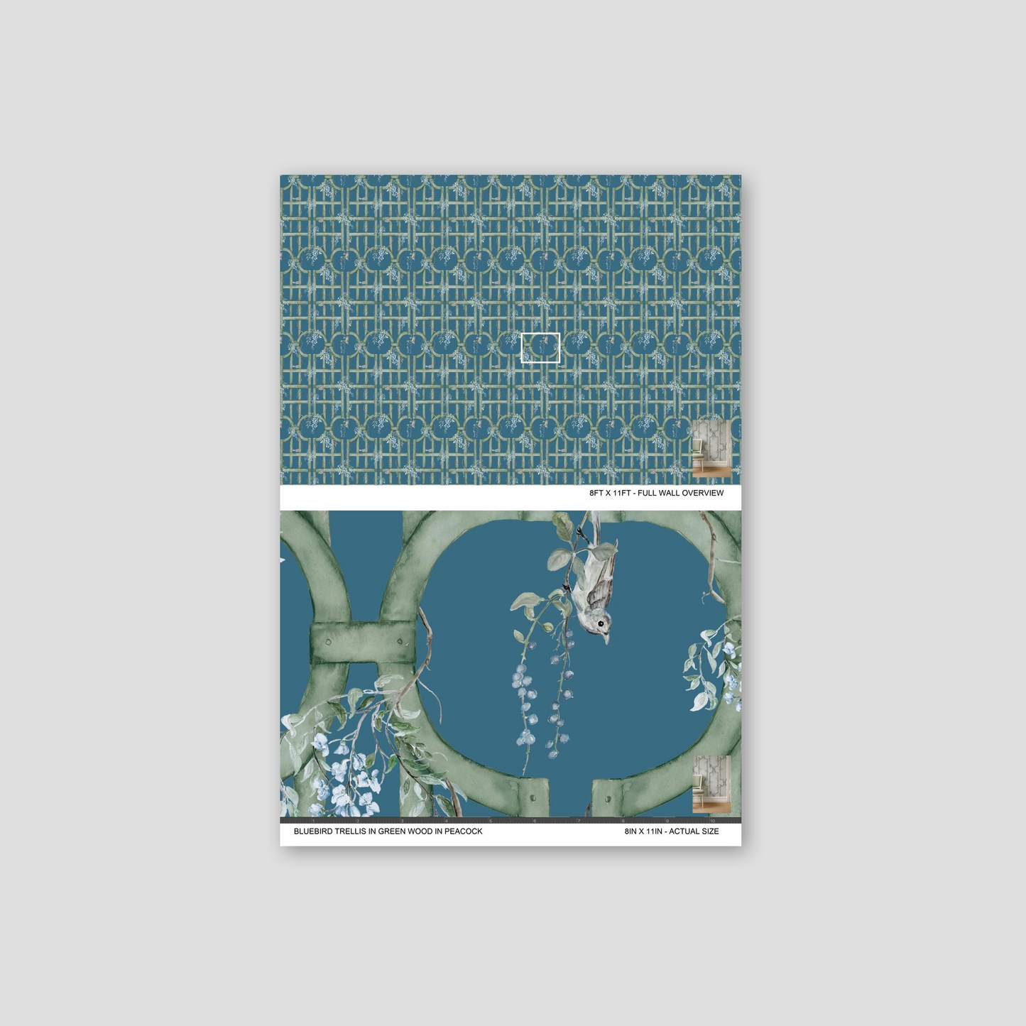 Floral wallpaper with vines, blossoms, and bird on teal and sage trellis.