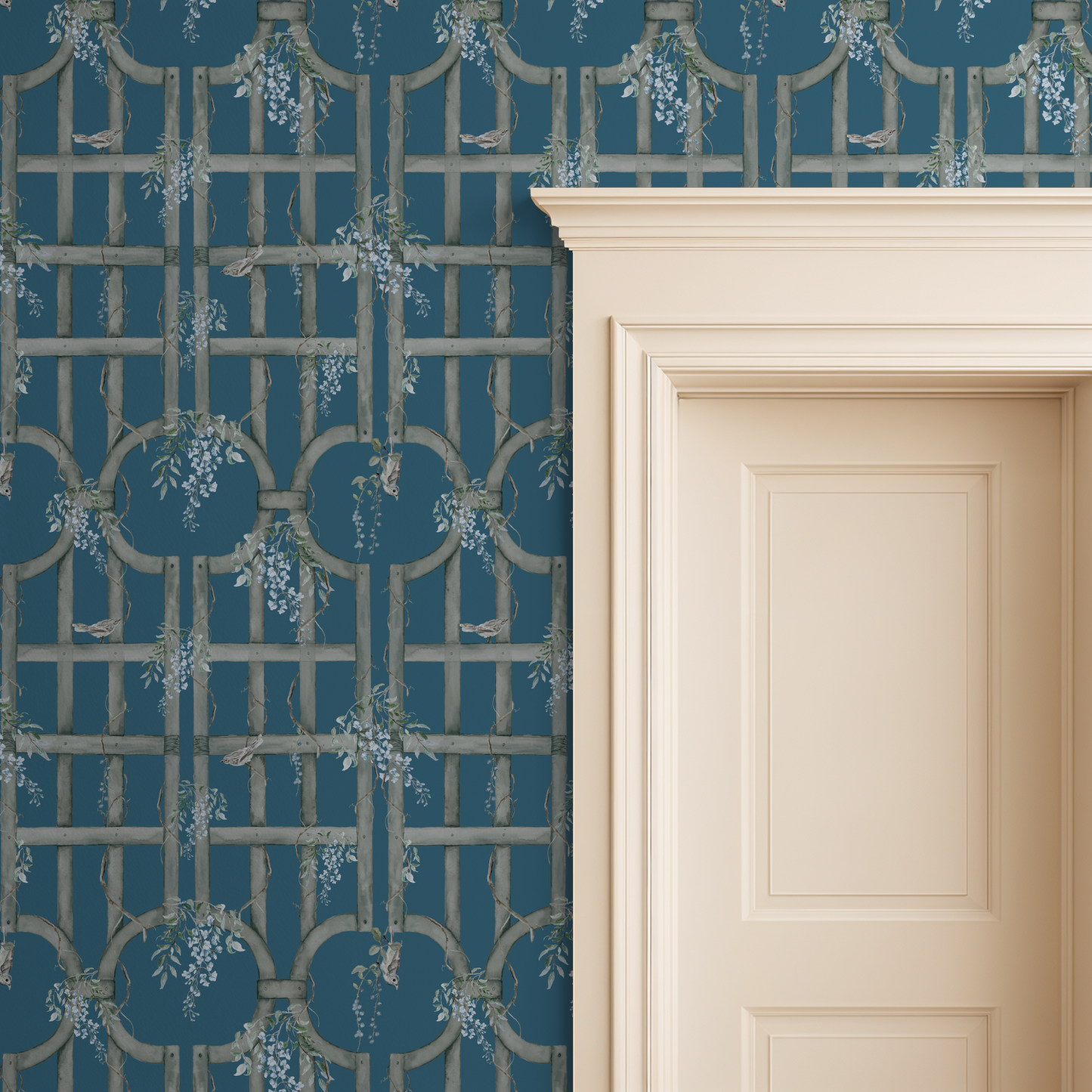 Bluebird Trellis wallpaper with peacock blue lattice and floral design next to a beige door.