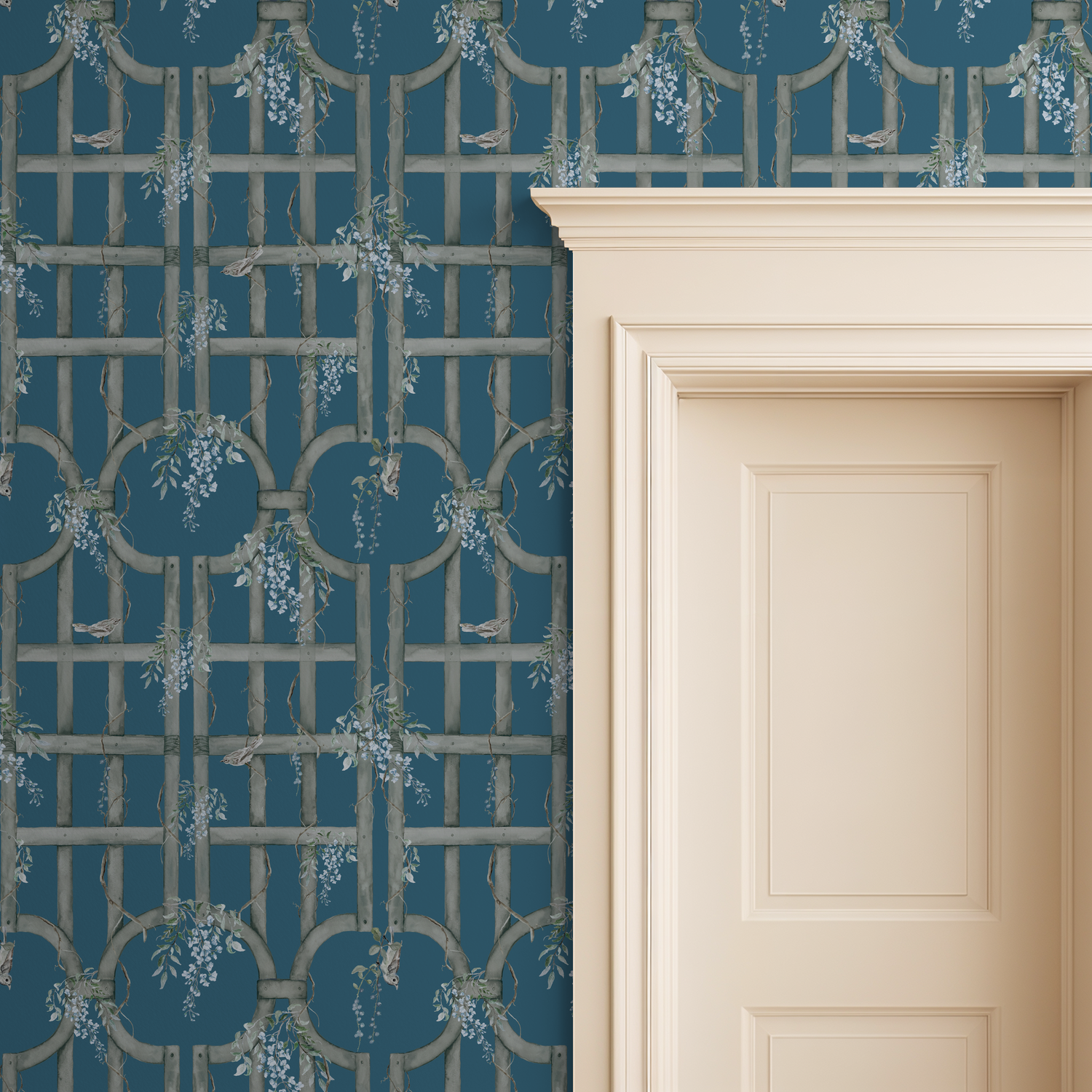 Bluebird Trellis wallpaper with peacock blue lattice and floral design next to a beige door.