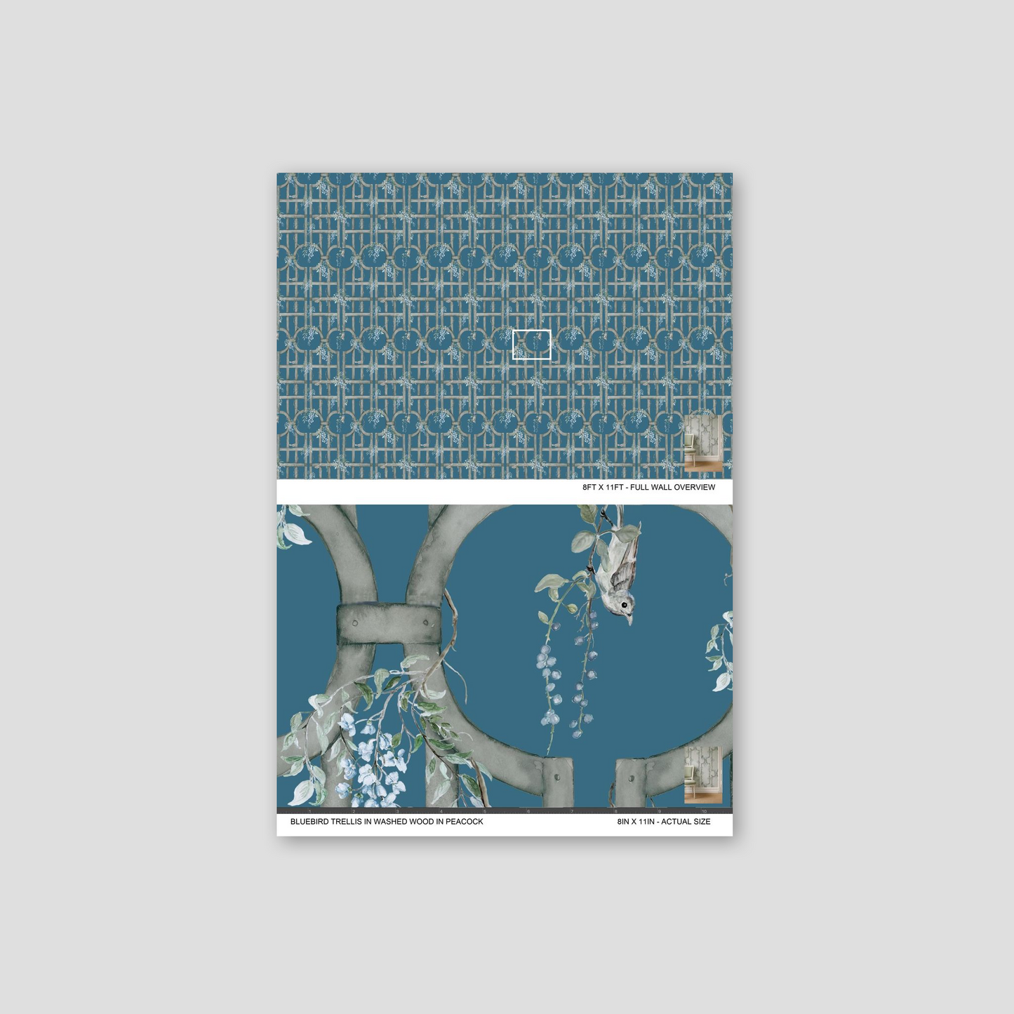 Bluebird Trellis wallpaper with peacock blue lattice and floral design.