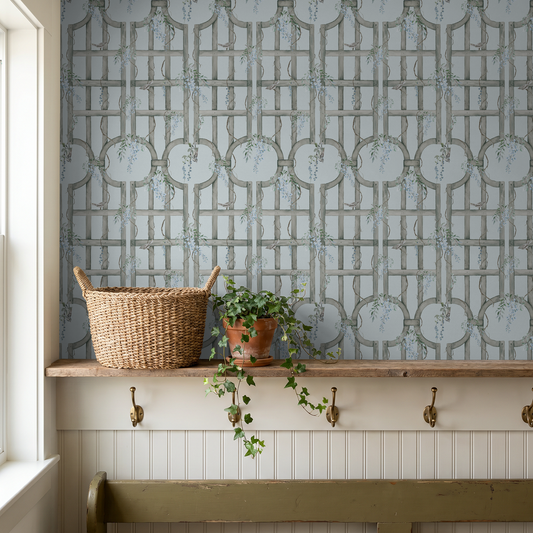 Bluebird Trellis wallpaper with vine pattern in rustic room setting.