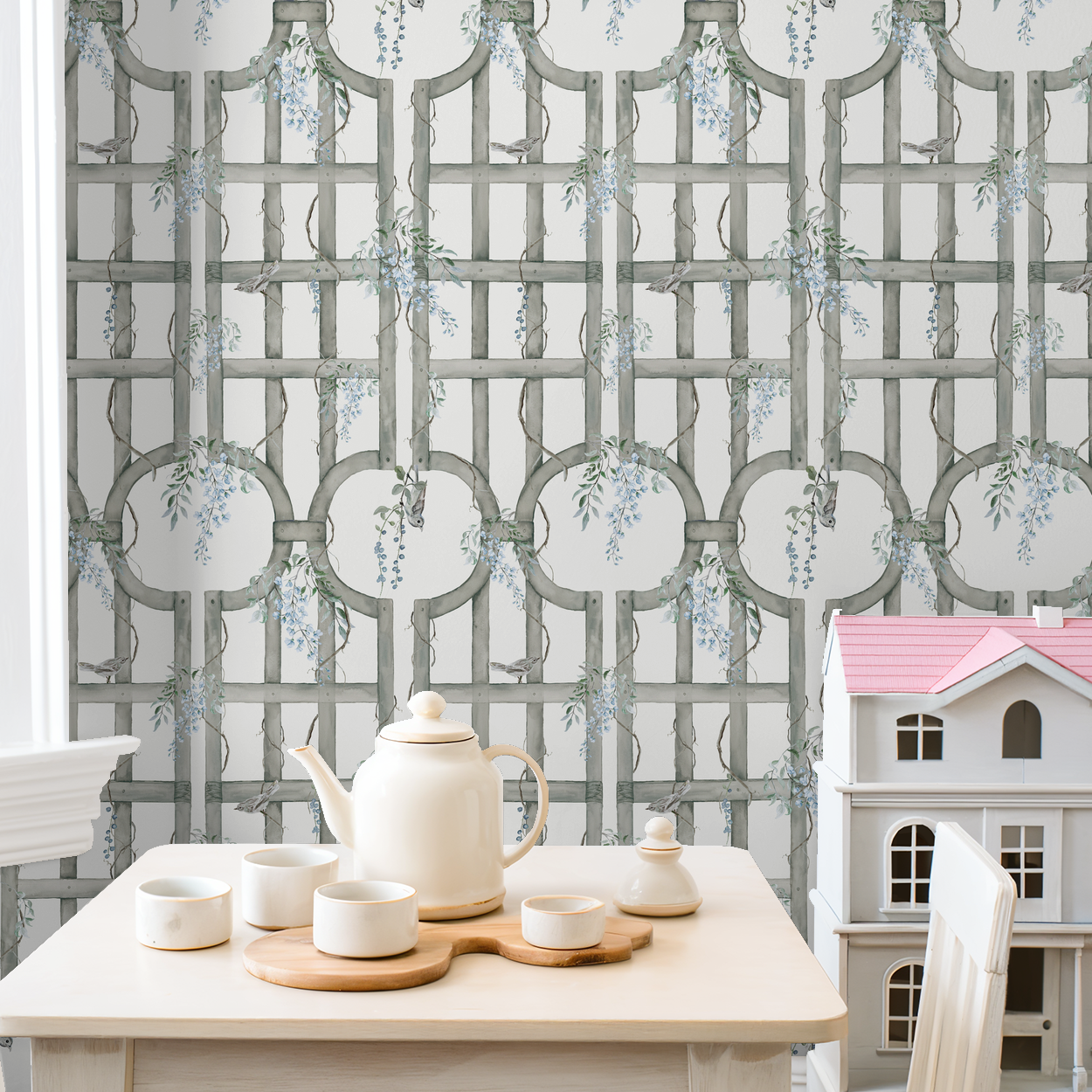 Bluebird trellis wallpaper with blue blossoms in rustic dining room setting.