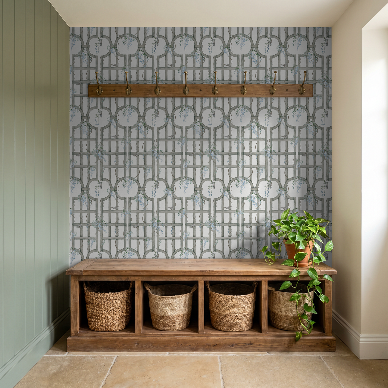 Bluebird trellis wallpaper with blue blossoms in rustic entryway.
