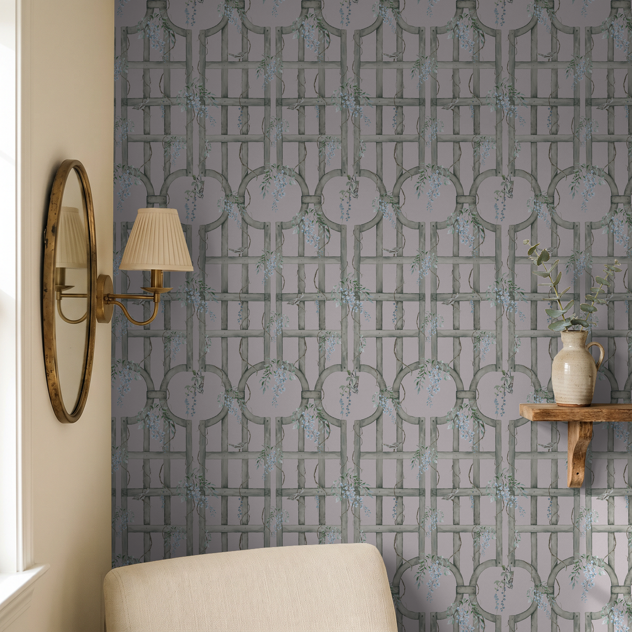 Bluebird trellis wallpaper with dusty pink background in elegant room setting.